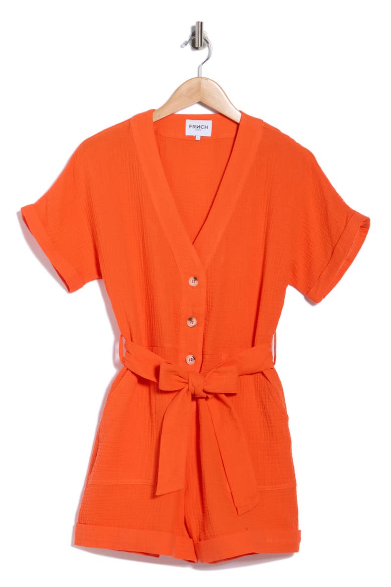 Lika Tie Waist Cotton Romper, Alternate, color, ORANGE