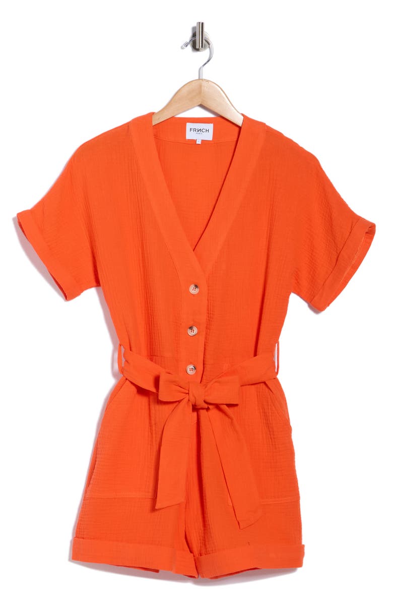FRNCH Lika Tie Waist Cotton Romper, Main, color, Orange
