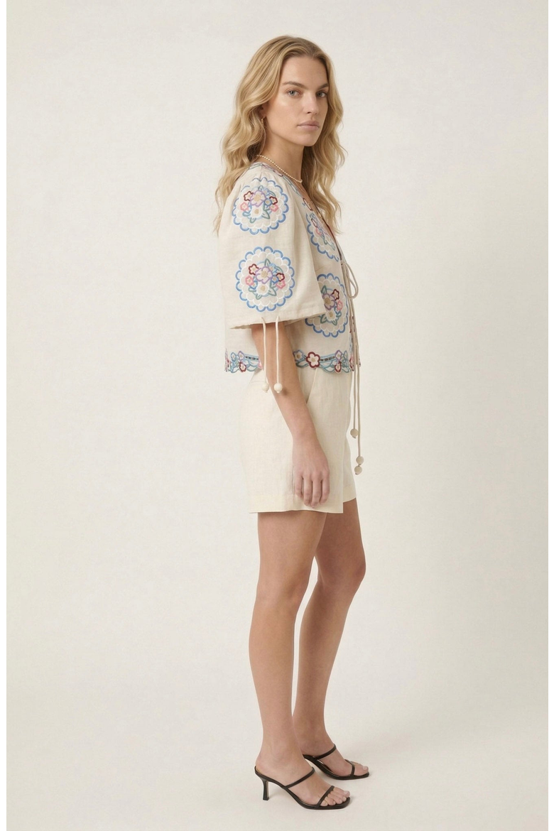 Floral Embroidered Tie Front Cropped Top, Alternate, color, Ecru