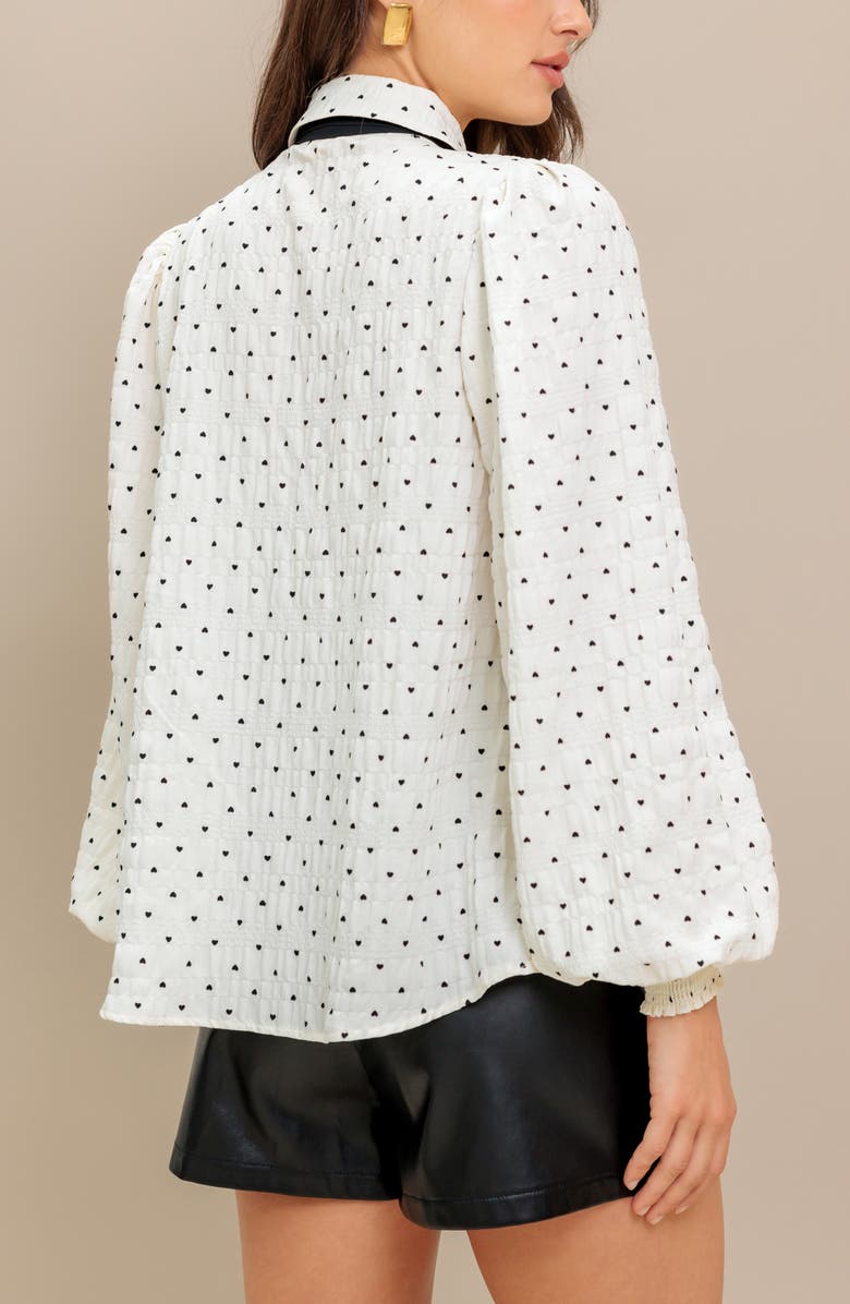 FLYING TOMATO Heart Print Tie Neck Long Sleeve Button-Up Shirt, Alternate, color, Ivory