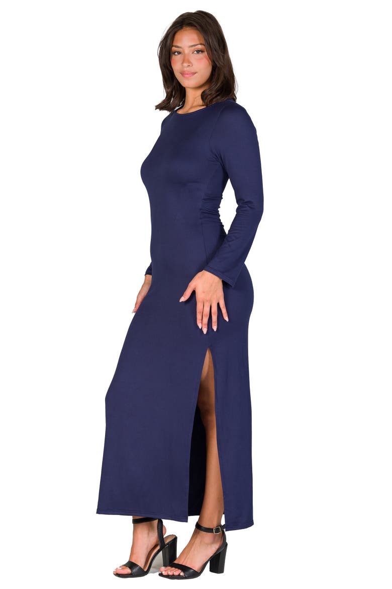 Long Sleeve Side Slit Fitted Black Maxi Dress, Alternate, color, Navy