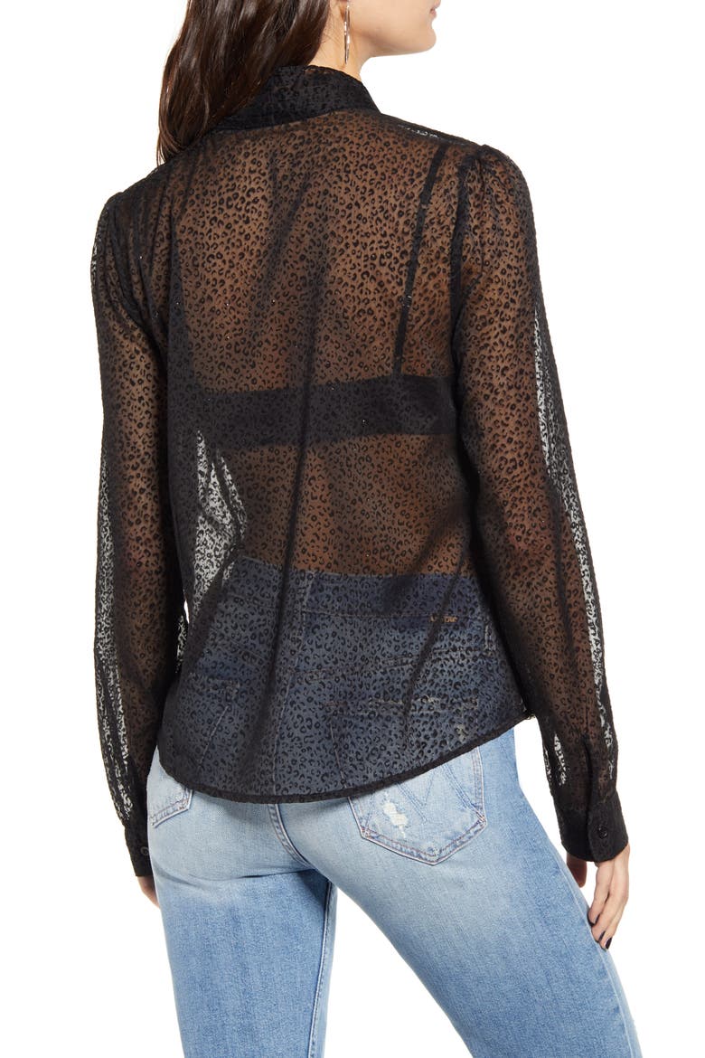Leopard Print Front Tie Velvet Burnout Blouse, Alternate, color, BLACK