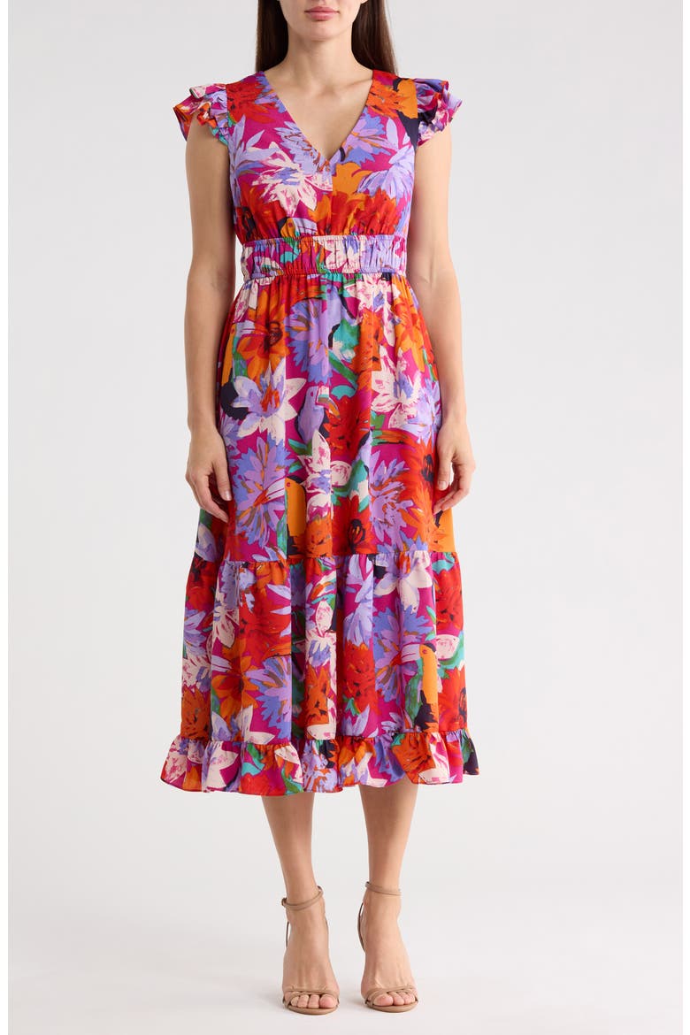 Ruffle Midi Dress, Main, color, PURPLE MULTI