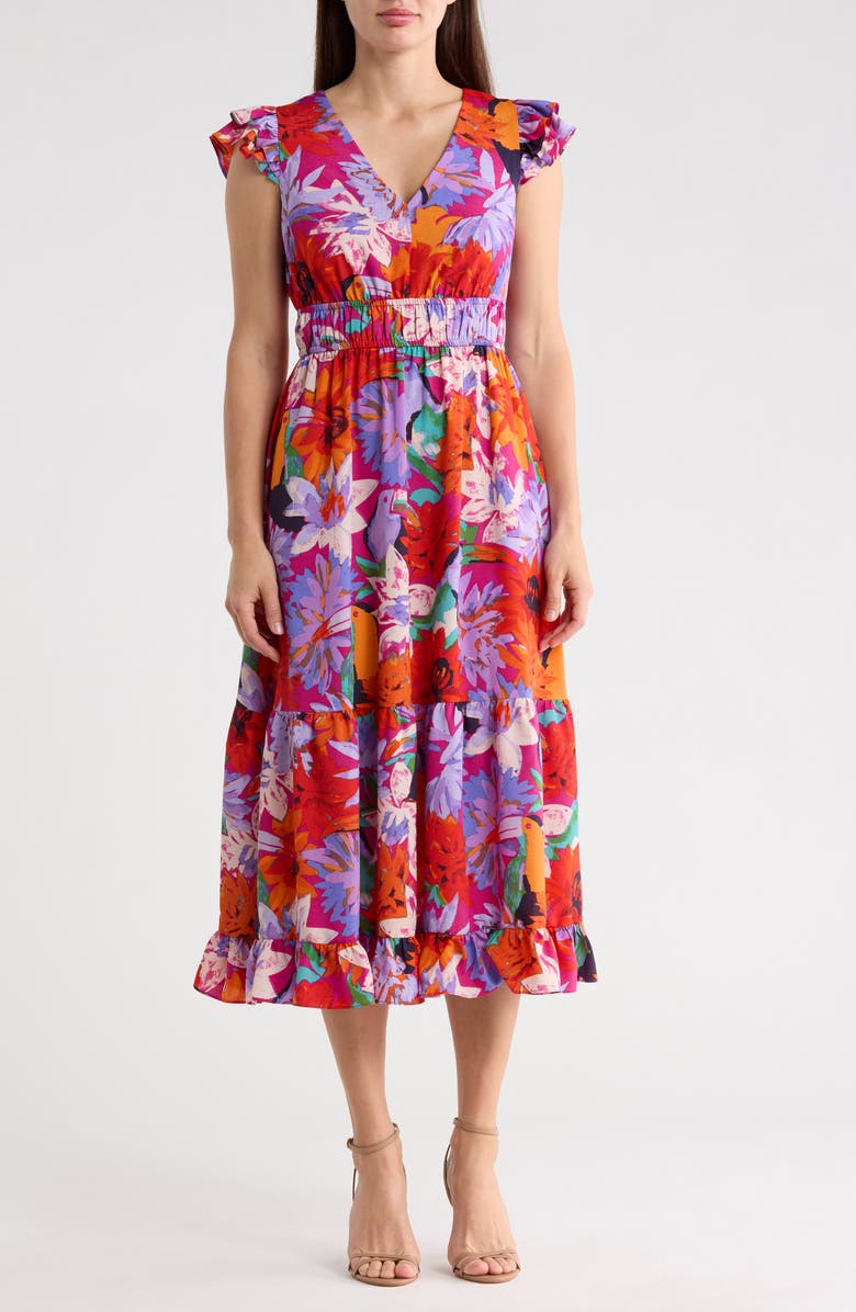 Vince Camuto Ruffle Midi Dress, Main, color, Purple Multi