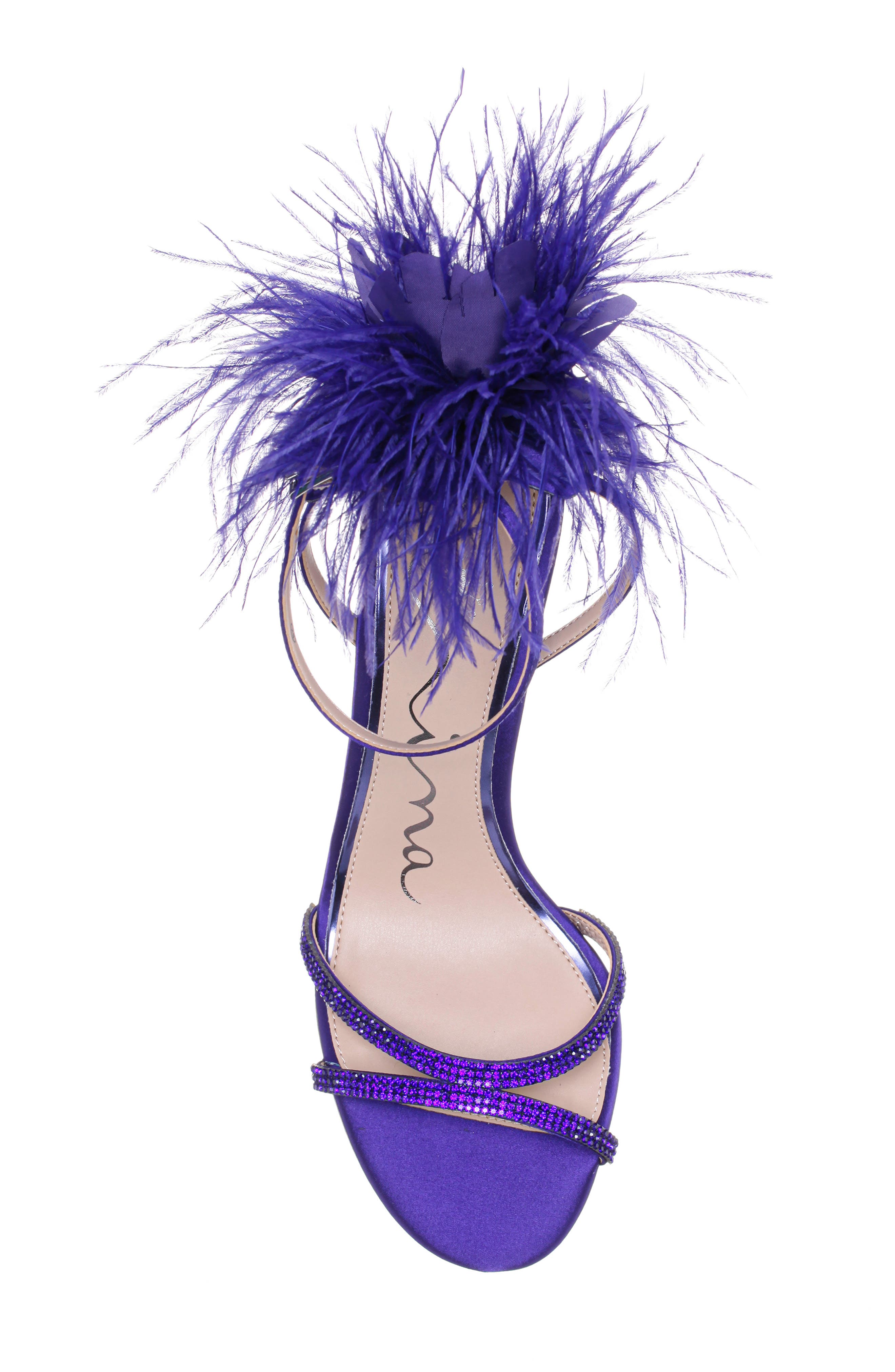 Nina Demi Faux Feather Ankle Strap Sandal, Alternate, color, Plum