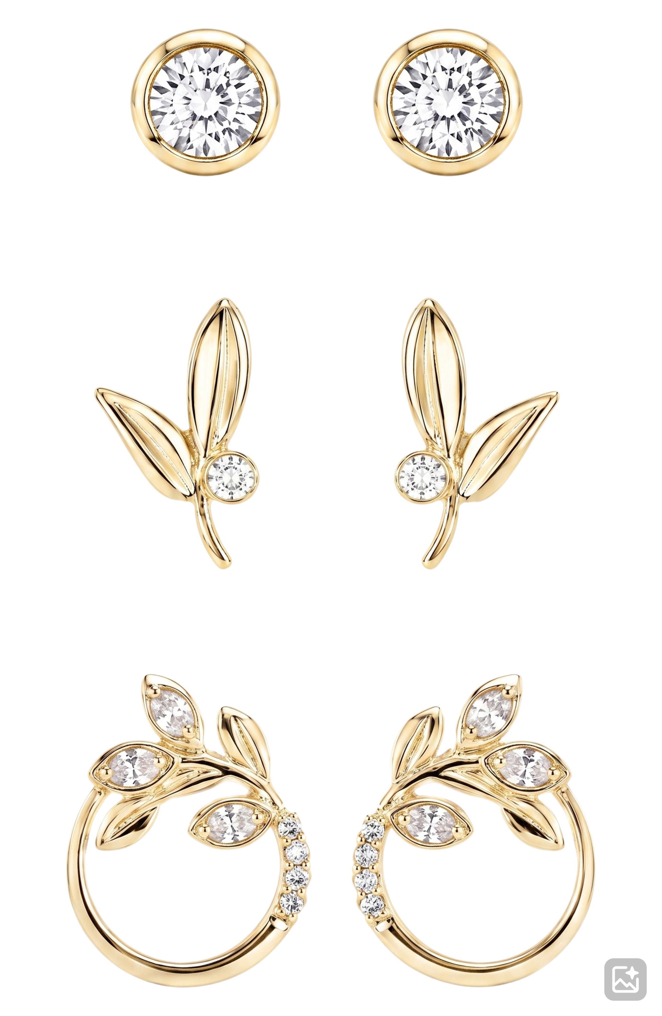 Set of 3 Cubic Zirconia Leaf Stud Earrings