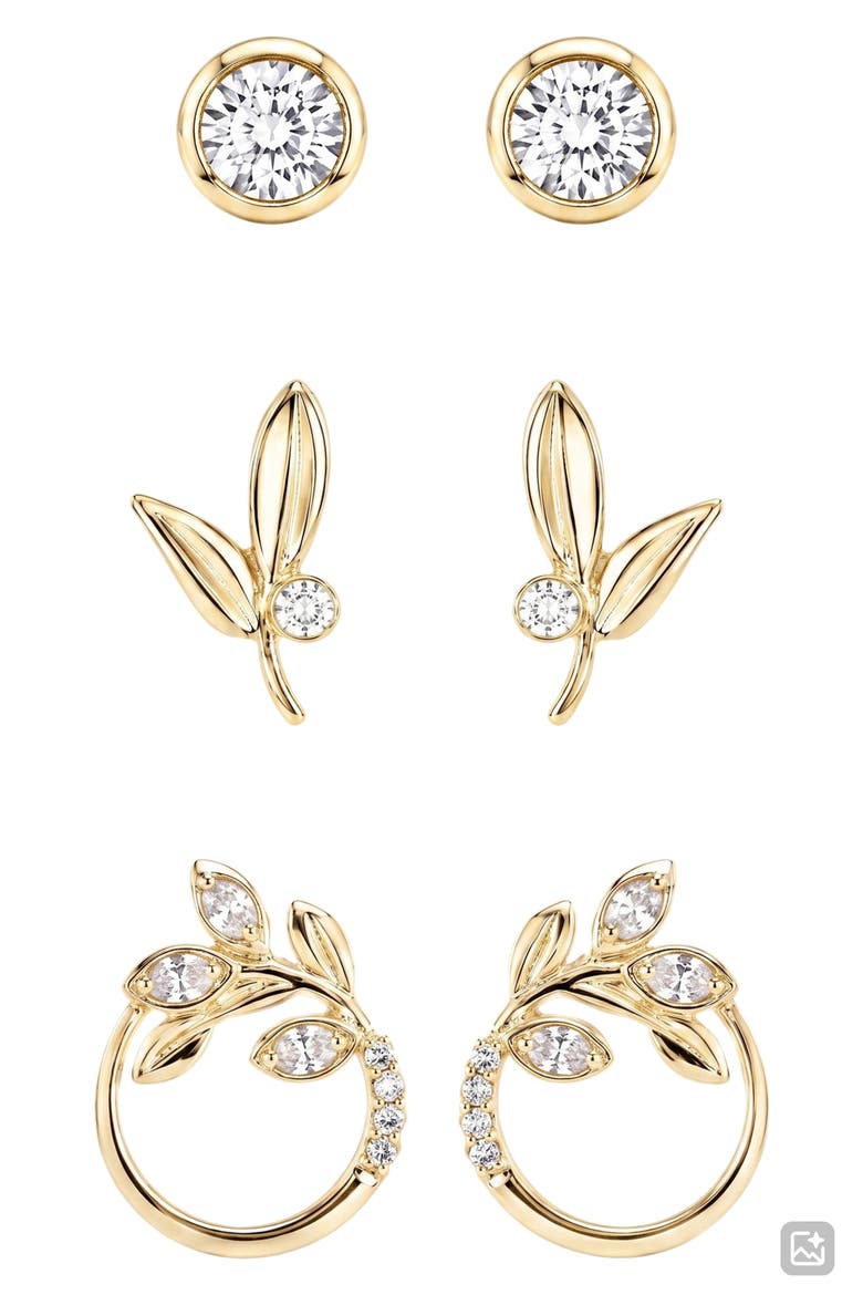 Set of 3 Cubic Zirconia Leaf Stud Earrings, Main, color, CLEAR/ GOLD