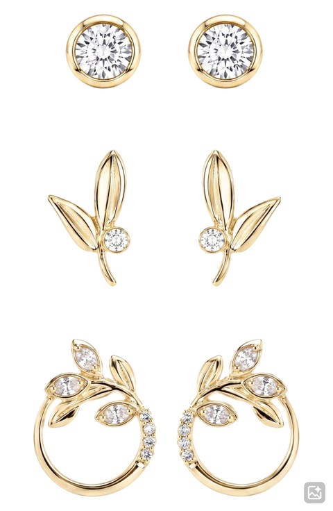 Set of 3 Cubic Zirconia Leaf Stud Earrings