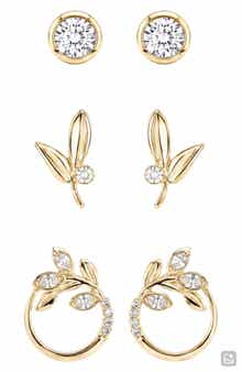 Set of 3 Cubic Zirconia Leaf Stud Earrings