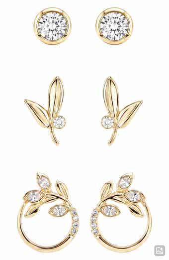 Set of 3 Cubic Zirconia Leaf Stud Earrings
