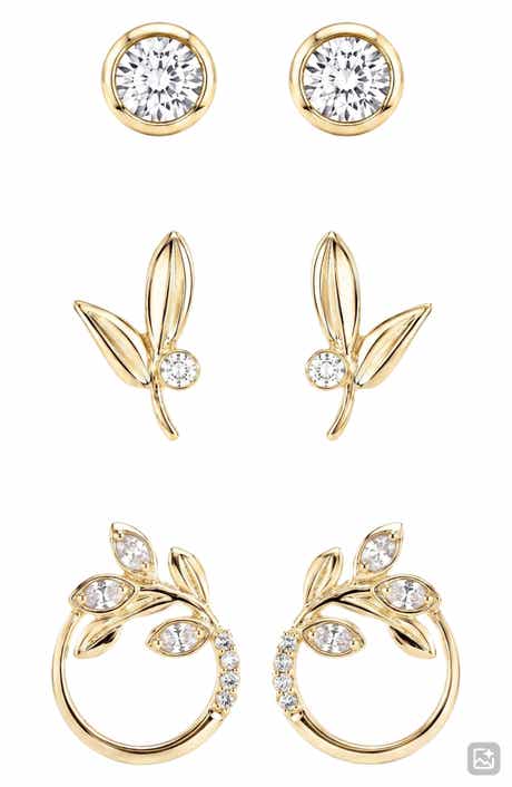 Set of 3 Cubic Zirconia Leaf Stud Earrings