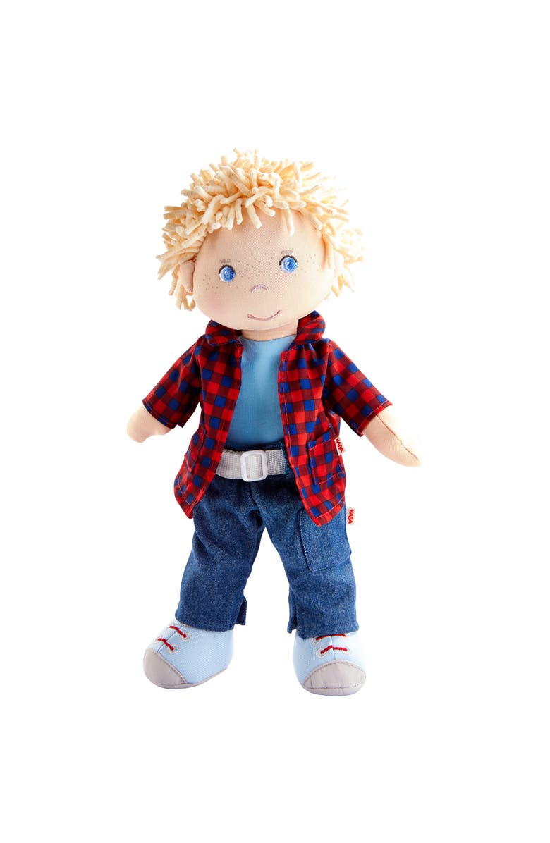 HABA Nick 12" Soft Doll - Baby Boy Doll with Blonde Hair and Blue Eyes (Machine Washable) Perfect Plush Toy for 18 Months & Up, Main, color, Red Multi