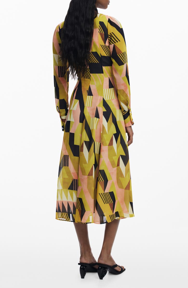 Desigual Geometric Long Sleeve Midi Dress, Alternate, color, Warm Green