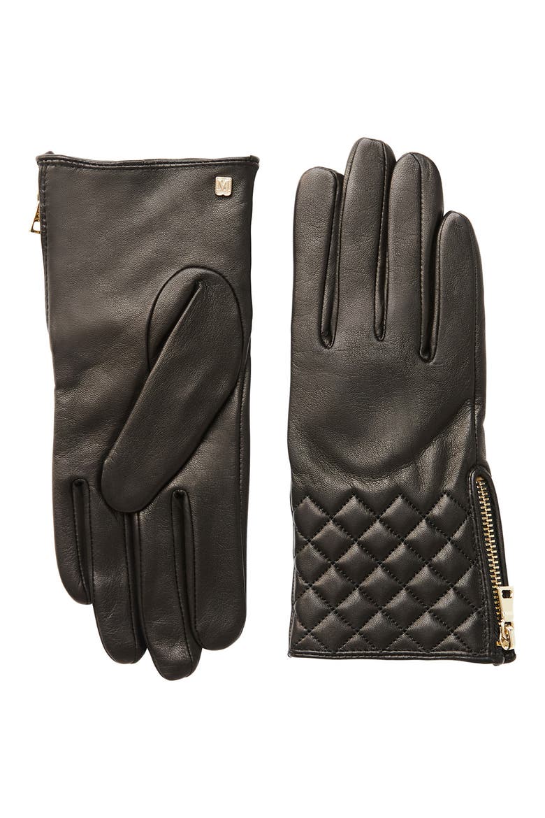 Diamond Quilt Cashmere Lined Leather Gloves, Main, color, BLACK