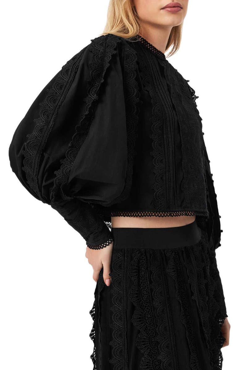 AllSaints Hart Lace Embroidered Bishop Sleeve Top, Alternate, color, Black