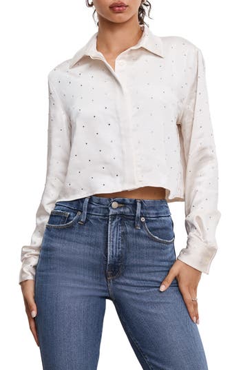 GOOD AMERICAN GOOD AMERICAN CRYSTAL EMBELLISHED SATIN BUTTON-UP CROP SHIRT