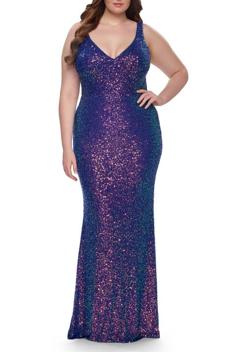 Unique Stretch Sequin Plus Gown with V-Neckline