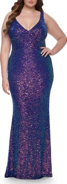 La Femme Unique Stretch Sequin Plus Gown with V-Neckline