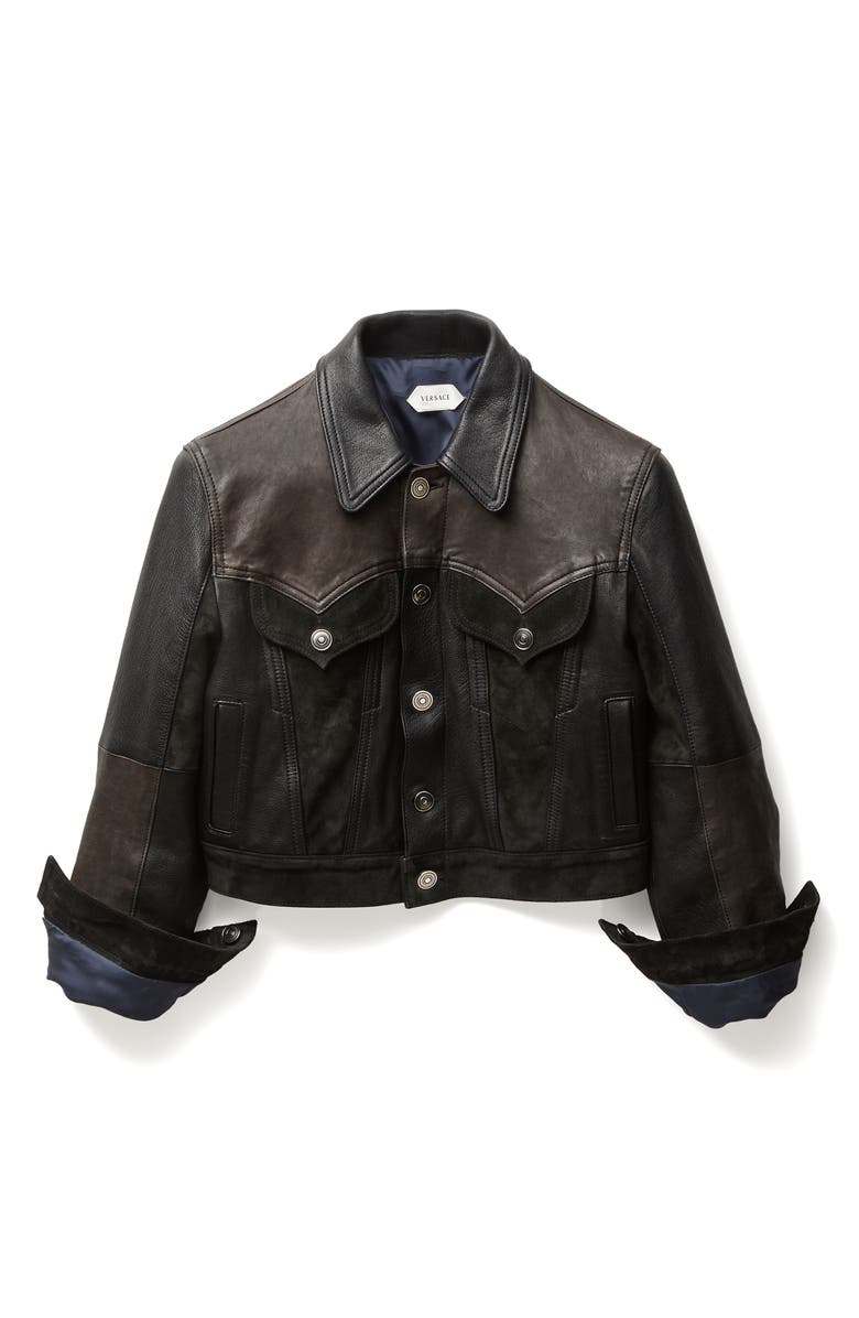 Versace Crop Mixed Leather Jacket, Alternate, color, Black