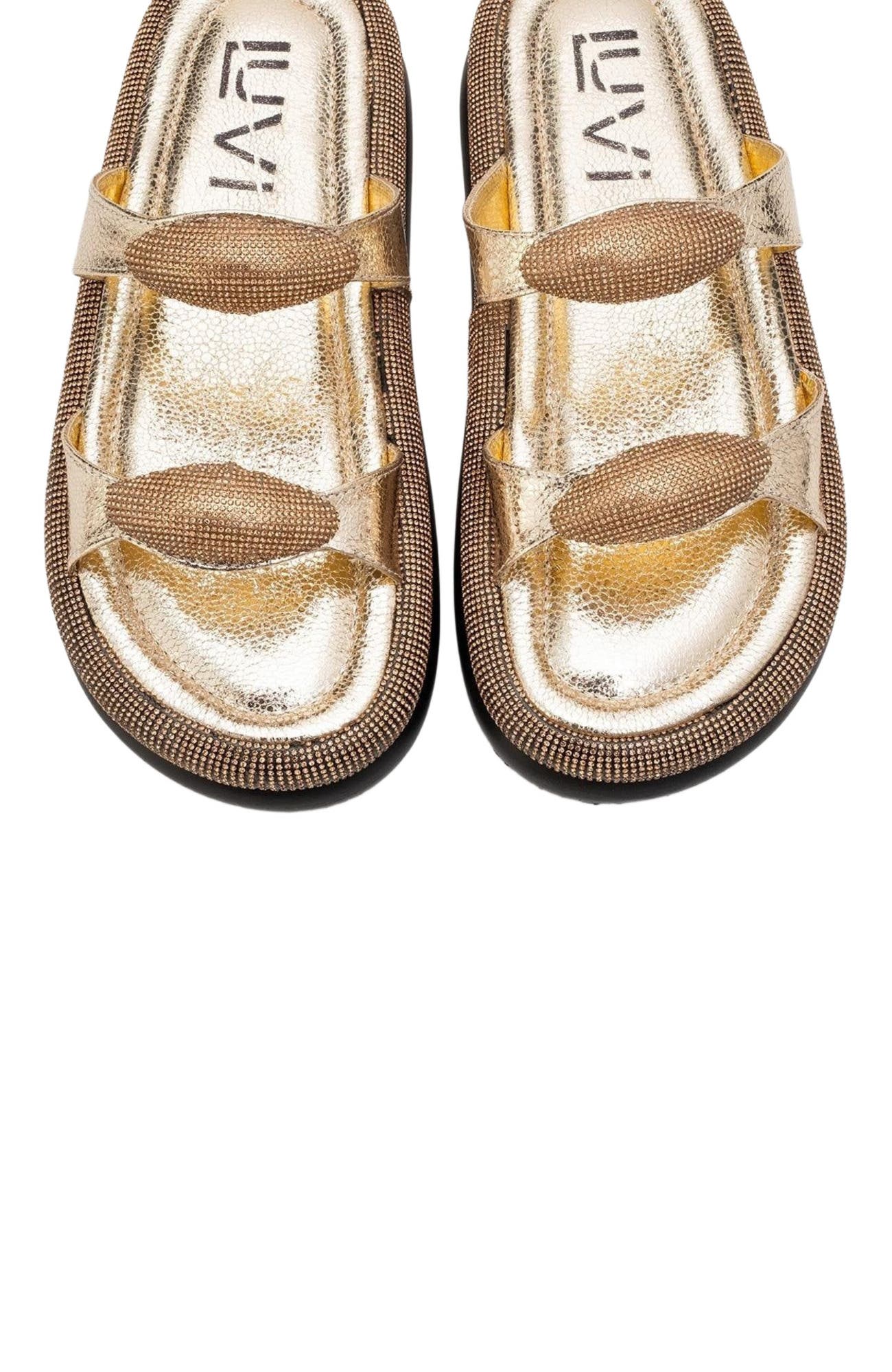 Prologue Shoes Finery Embellished Platform Slide, Alternate, color, Gold Faux Leather