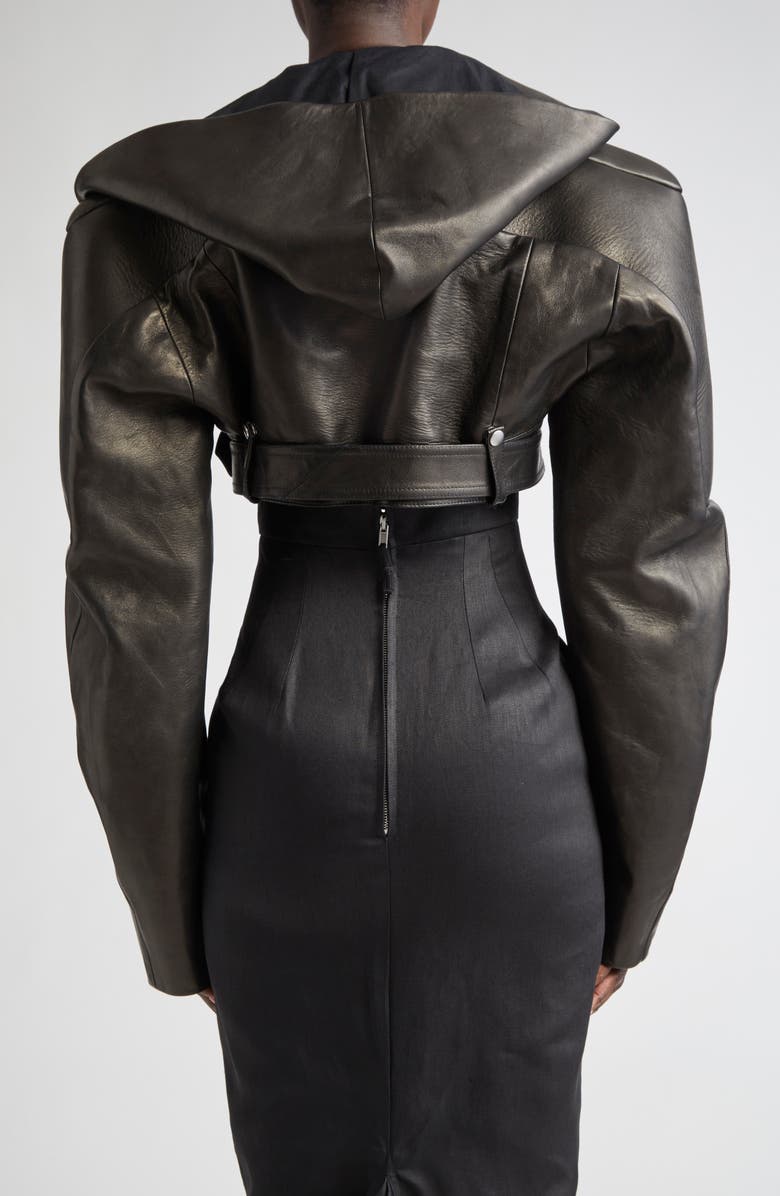Rick Owens Hooded Leather Micro Moto Jacket, Alternate, color, 