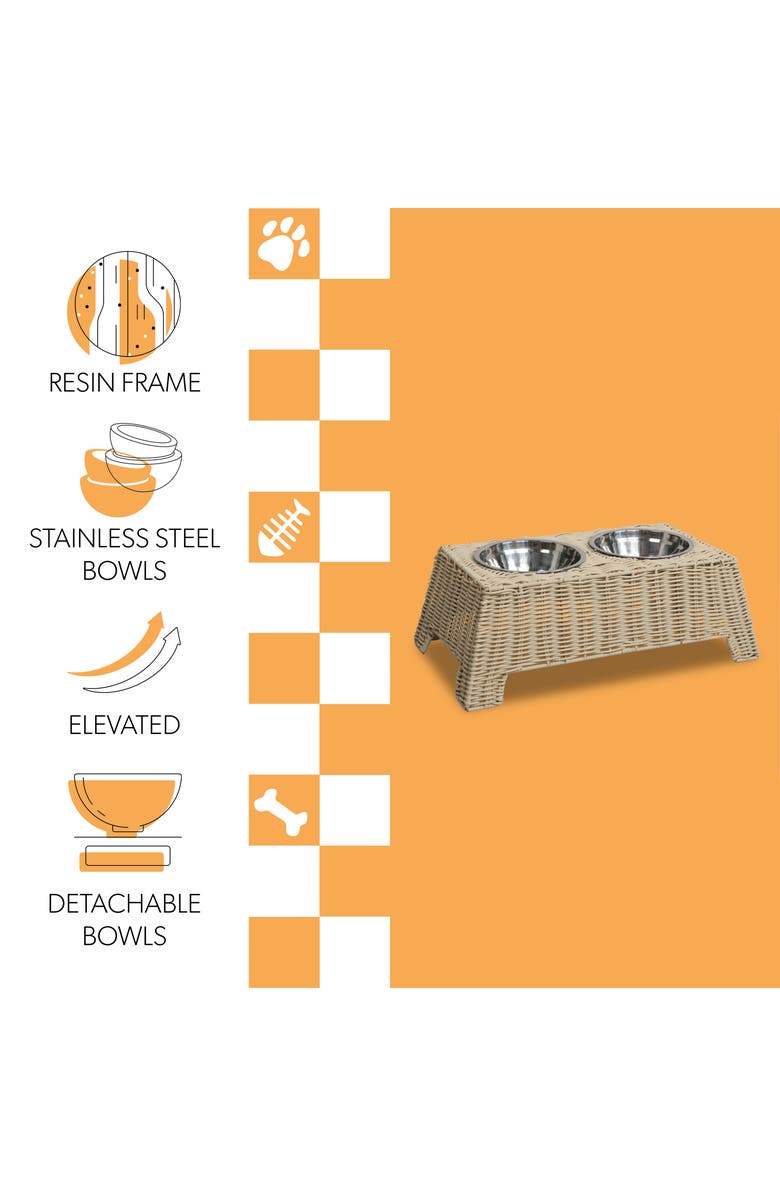 The Licker Store Serenity 6.9" Small/Medium Elevated Wicker Pet Feeder with 18oz (2.2 Cups) 2-Stainless Steel Bowls, Alternate, color, Almond