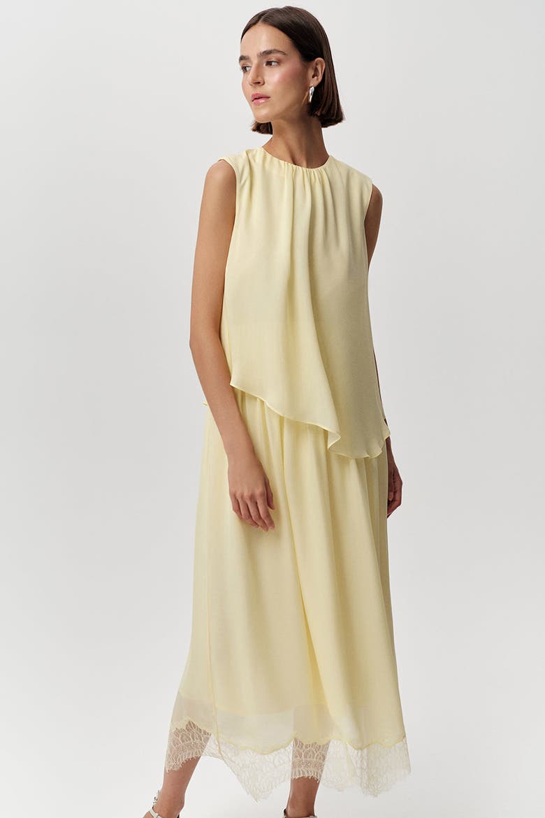 Alix Crew Neck Lace Hem Midi Dress, Alternate, color, Yellow