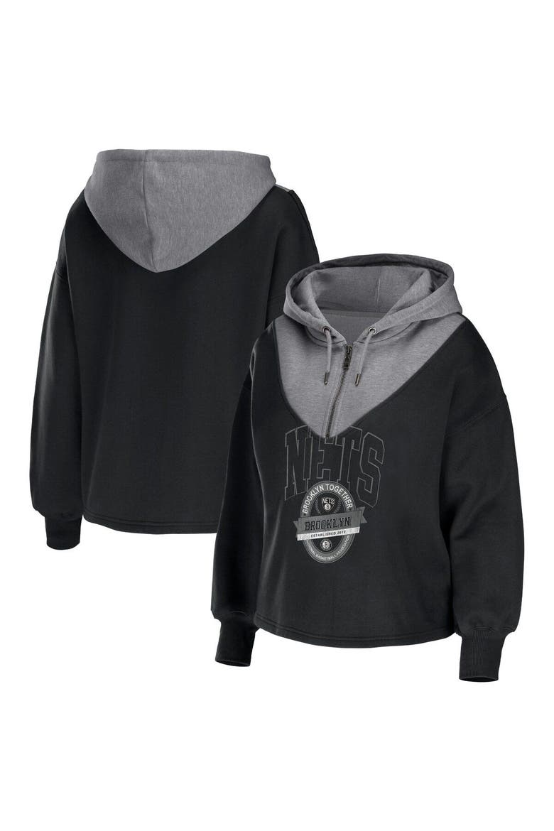 Women's WEAR by Erin Andrews Black Brooklyn Nets Pieced Quarter-Zip Hoodie Jacket, Main, color, Black