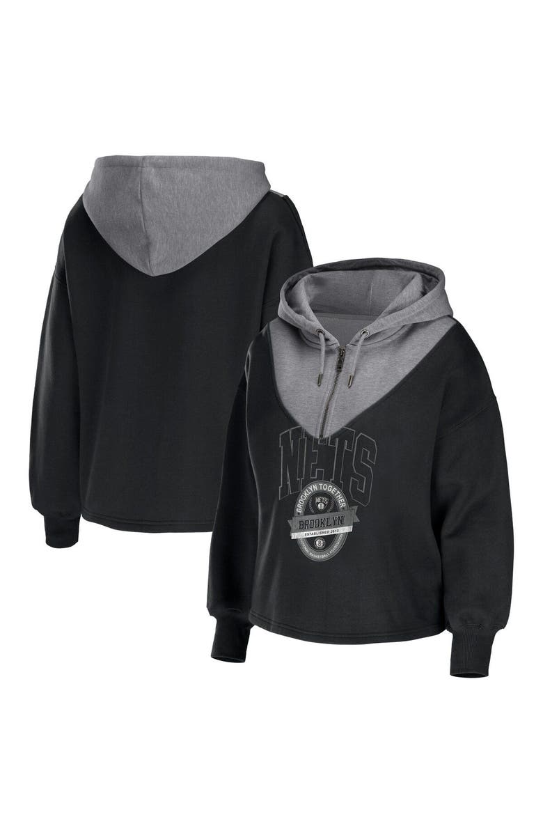 WEAR by Erin Andrews Women's WEAR by Erin Andrews Black Brooklyn Nets Pieced Quarter-Zip Hoodie Jacket, Main, color, Black