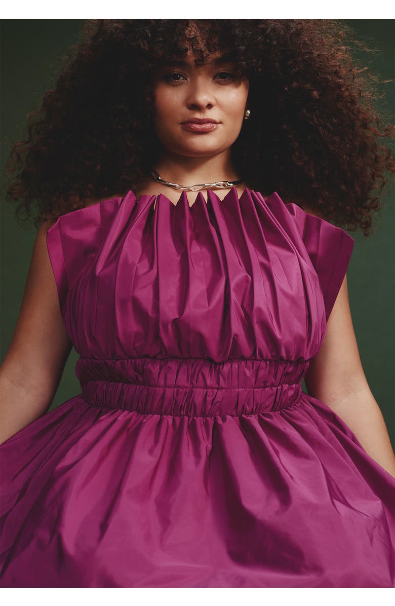 ELOQUII Pleated Ruffle Neckline Midi Dress, Alternate, color, Vivid Viola