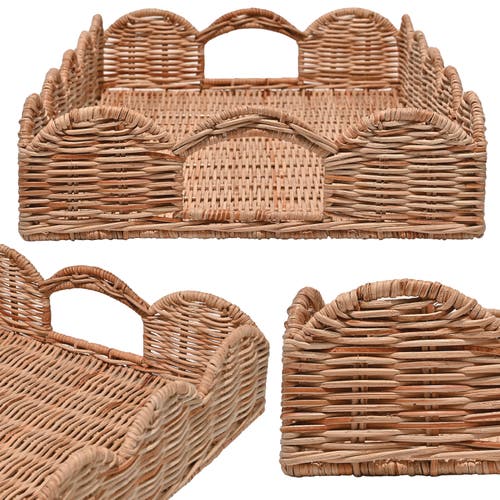 Happimess Scalloped 21.5" Southwestern Cottage Hand-woven Rattan Tray With Handles, Natural In Brown