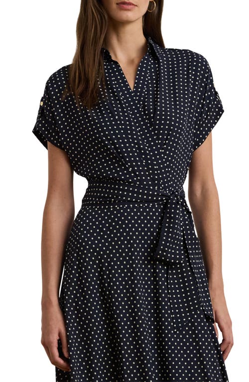 Shop Ralph Lauren Lauren  Polka Dot Crêpe De Chine Midi Dress In Navy/cream