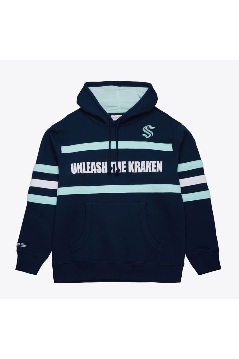 Men's Mitchell & Ness Deep Sea Blue Seattle Kraken Head Coach Slogan Pullover Hoodie, Main, color, Navy