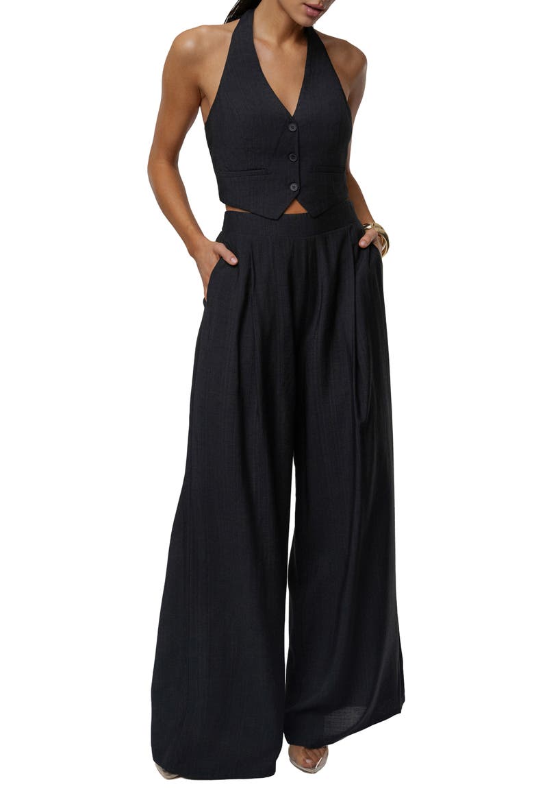 Tropical Daze Halter Top & Wide Leg Pant Set, Main, color, BLACK