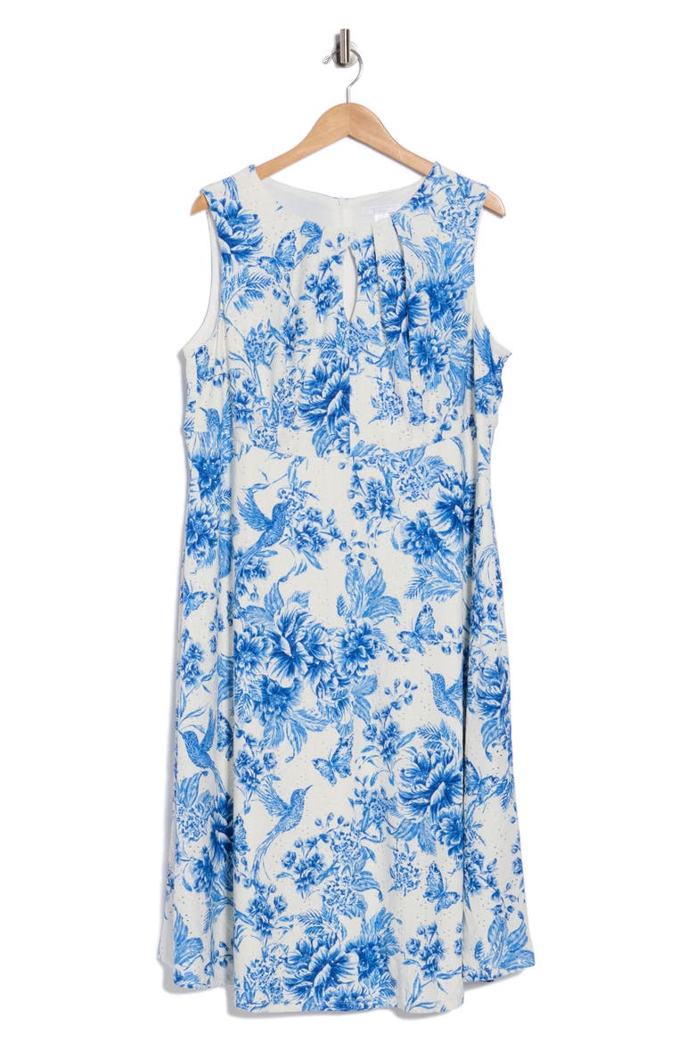 Floral Keyhole A-Line Midi Dress, Alternate, color, SOFT WHITE/ SKY BLUE