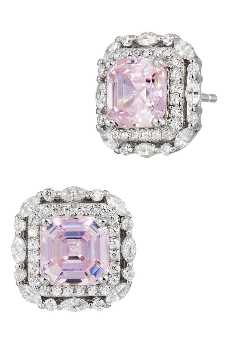 Asscher Cut Cubic Zirconia Double Halo Stud Earrings, Main, color, FANCY PINK