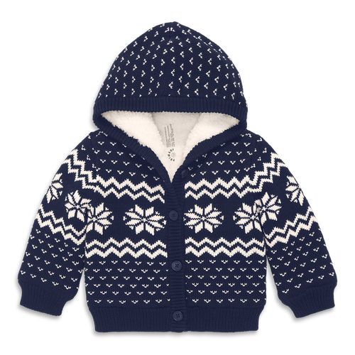 Primary Baby Fleece-lined Cardigan In Snowflake Fair Isle In Navy Oat Snowflake Fairisle