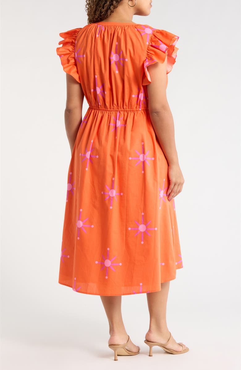 SUGARLIPS Karani Starburst Flutter Sleeve Tie Waist Midi Dress, Alternate, color, Orange-Fuchsia