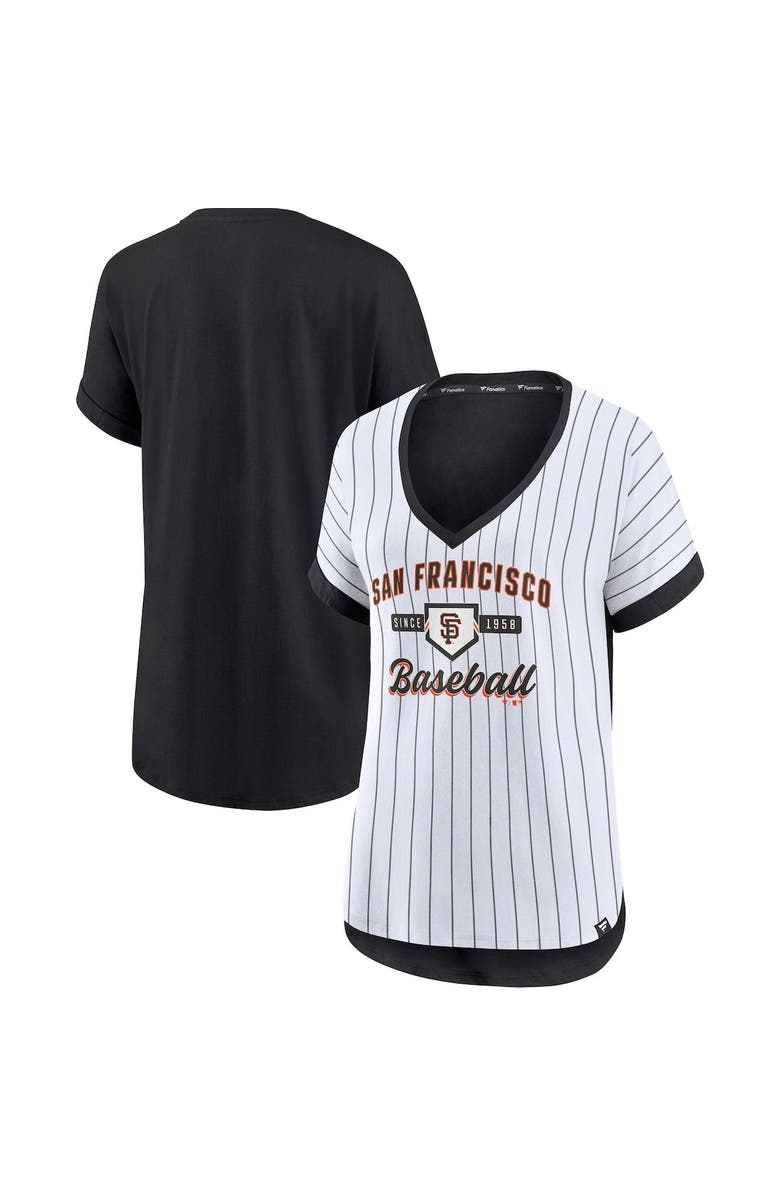 FANATICS Women's Fanatics Branded White/Black San Francisco Giants Iconic Noise Factor Pinstripe V-Neck T-Shirt, Main, color, 
