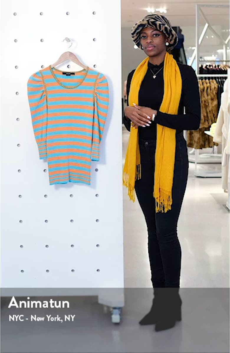 Stripe Rib Puff Sleeve Cotton Blend Sweater, sales video thumbnail