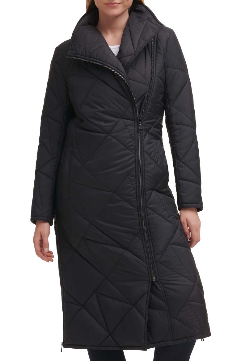 Quilted Asymmetric Midi Coat, Alternate, color, BLACK