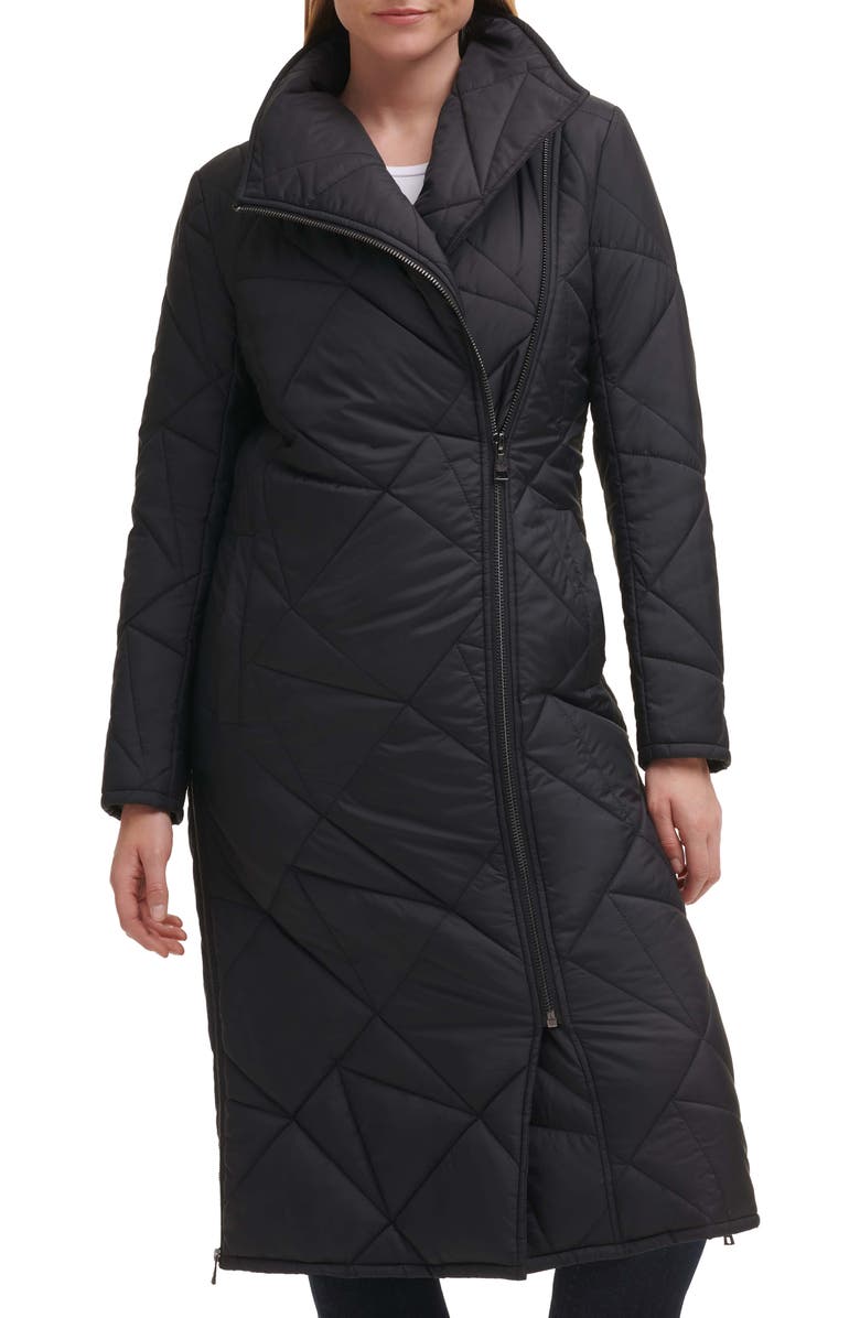 KARL LAGERFELD PARIS Quilted Asymmetric Midi Coat, Alternate, color, Black