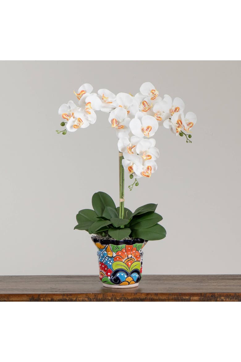 27-in Artificial Triple Orchid Arrangement in Handmade Mexican Talavera Ceramic Planter, Alternate, color, Green