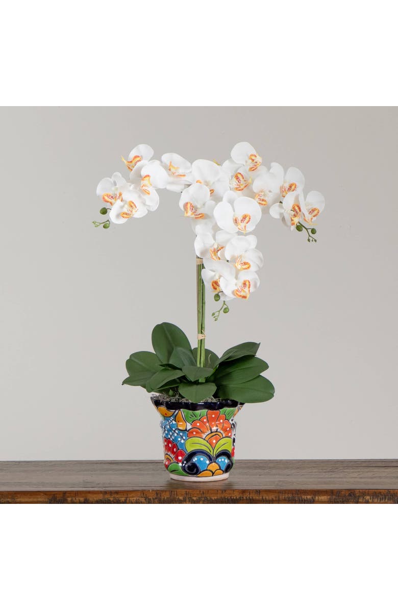 NEARLY NATURAL 27-in Artificial Triple Orchid Arrangement in Handmade Mexican Talavera Ceramic Planter, Alternate, color, Green