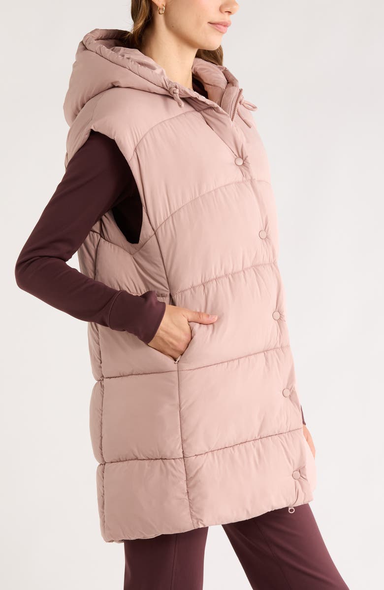Zella Longline Hooded Puffer Vest, Alternate, color, Pink Fawn