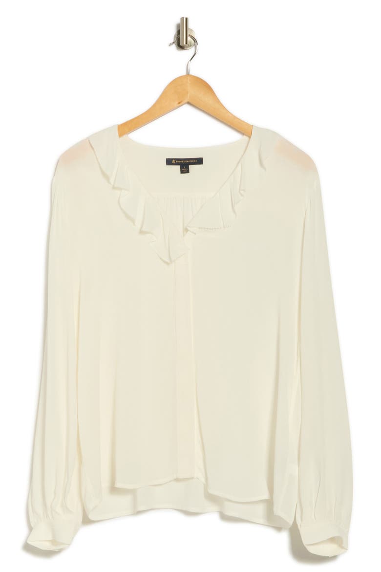 Ruffle Trim Crepe Button-Up Top, Alternate, color, WHITE