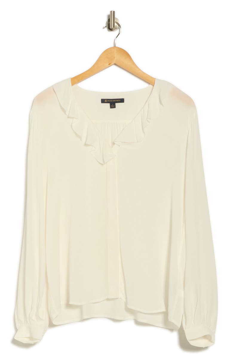 Brooks Brothers Ruffle Trim Crepe Button-Up Top, Alternate, color, White