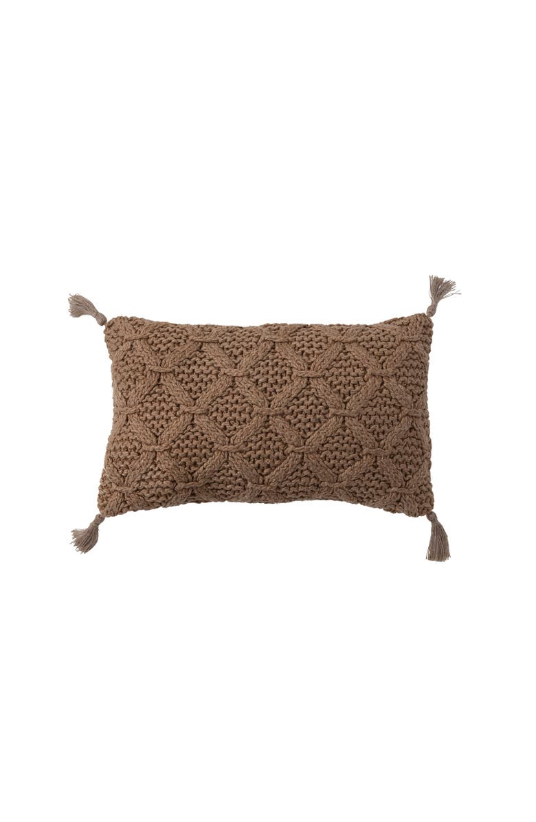 Storied Home Cotton Slub Lumbar Pillow with Diamond Weave and Tassels, Main, color, Tan