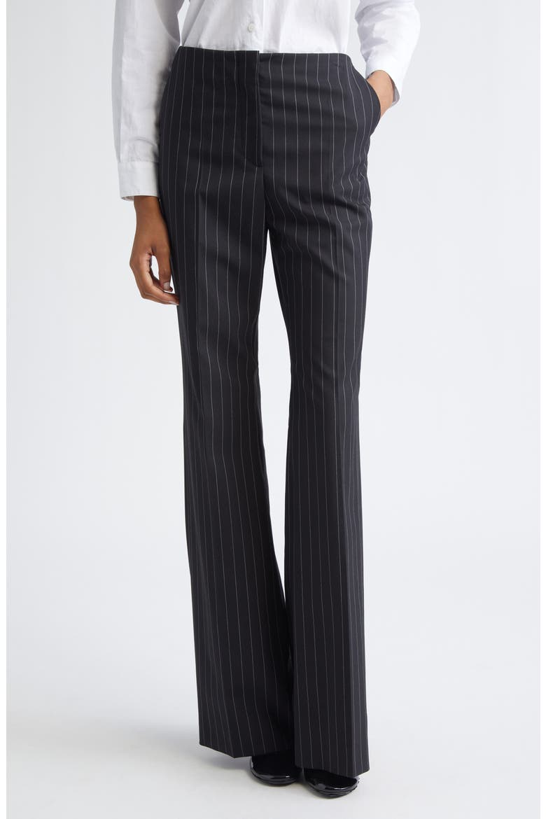 Pinstripe Stretch Technical Wool Blend Gabardine Flare Pants, Main, color, BLACK