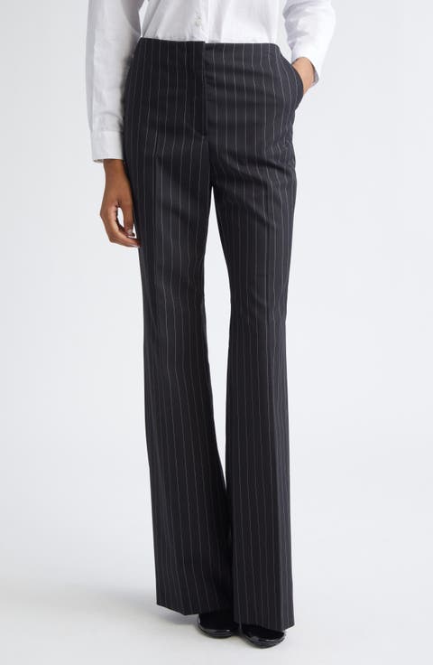 Pinstripe Stretch Technical Wool Blend Gabardine Flare Pants